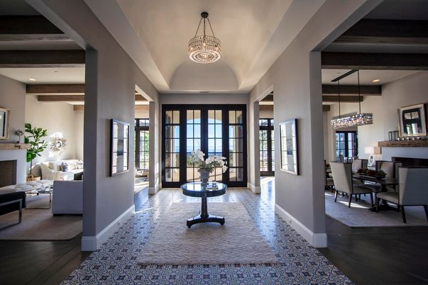 Chandelier, Dining room, Fireplace, Interior, Living room, Pendant Lights, Recessed Lighting, Wooden Beams, Wood Texture Flooring