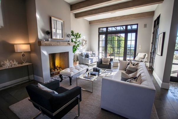 Fireplace, Interior, Living room, Recessed Lighting, Wooden Beams, Wood Texture Flooring