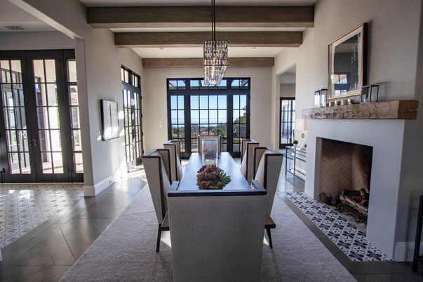 Dining room, Fireplace, Interior, Pendant Lights, Wooden Beams, Wood Texture Flooring
