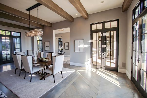 Dining room, Interior, Pendant Lights, Recessed Lighting, Wooden Beams, Wood Texture Flooring