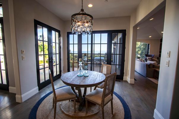 Dining room, Interior, Pendant Lights, Recessed Lighting, Wood Texture Flooring