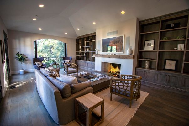 Fireplace, Interior, Living room, Recessed Lighting, Wood Texture Flooring