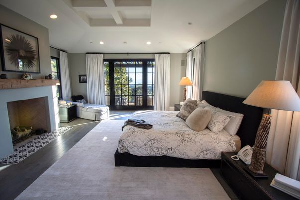 Bedroom, Fireplace, Interior, Recessed Lighting, Wood Texture Flooring