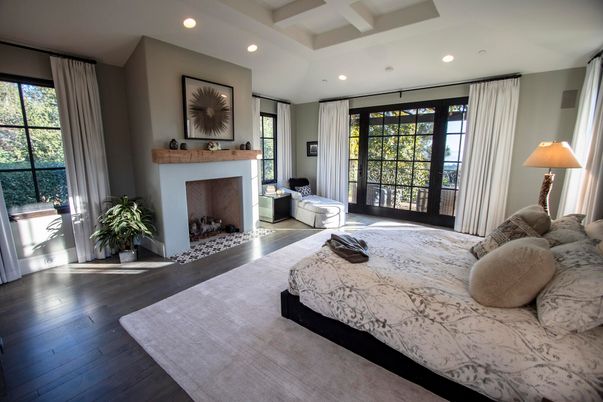 Bedroom, Fireplace, Interior, Recessed Lighting, Wood Texture Flooring