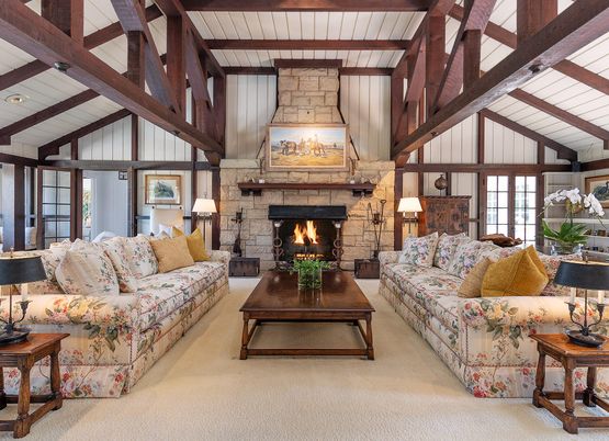 Fireplace, Interior, Living room, Stone Walls, Wooden Beams