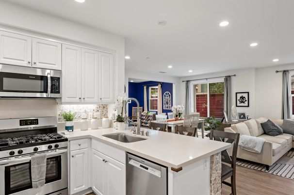 Dining room, Interior, Kitchen, Living room, Recessed Lighting, Stainless Steel Appliances, Wood Texture Flooring
