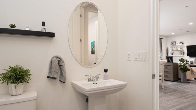 Bathroom, Interior, Recessed Lighting, Wood Texture Flooring