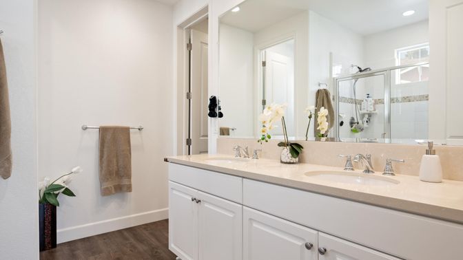 Bathroom, Dual Sink Vanities, Glass Shower, Interior, Recessed Lighting, Wood Texture Flooring