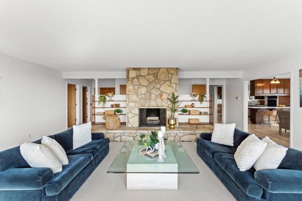 Fireplace, Interior, Kitchen, Living room, Pendant Lights, Stone Walls