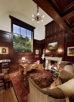 Fireplace, Interior, Living room, Pendant Lights, Wooden Beams, Wooden Ceilings, Wood Texture Flooring, Wooden Walls