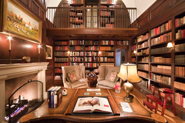 Fireplace, Home Office, Interior, Wood Texture Flooring, Wooden Walls