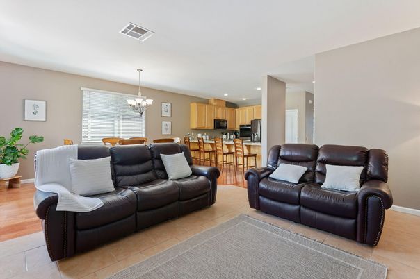 Chandelier, Dining room, Interior, Kitchen, Living room, Recessed Lighting, Wood Texture Flooring