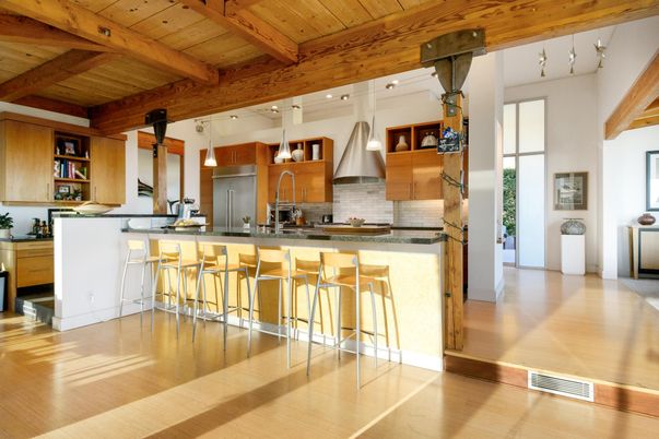 Interior, Kitchen, Pendant Lights, Stainless Steel Appliances, Wooden Beams, Wooden Ceilings, Wood Texture Flooring