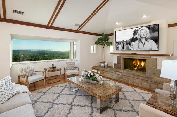 Fireplace, Interior, Living room, Recessed Lighting, Wood Texture Flooring