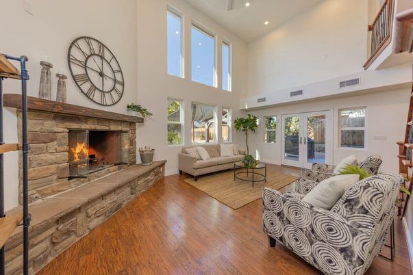 Fireplace, Interior, Living room, Recessed Lighting, Wood Texture Flooring