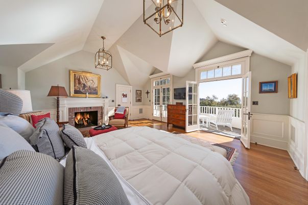 Bedroom, Fireplace, Interior, Living room, Pendant Lights, Wood Texture Flooring