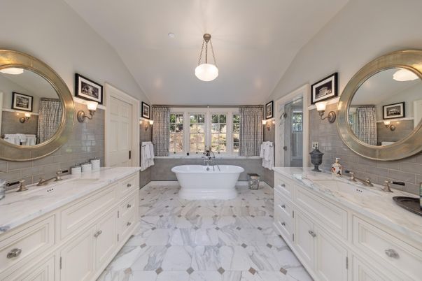 Bathroom, Dual Sink Vanities, Free Standing Baths, Interior, Marble, Pendant Lights