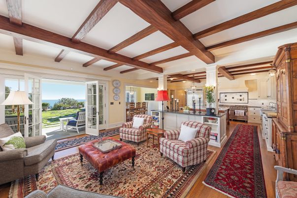 Interior, Kitchen, Living room, Recessed Lighting, Water, Wooden Beams, Wood Texture Flooring