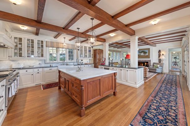 Fireplace, Interior, Kitchen, Pendant Lights, Recessed Lighting, Wooden Beams, Wood Texture Flooring