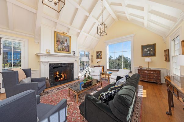 Fireplace, Interior, Living room, Pendant Lights, Wood Texture Flooring