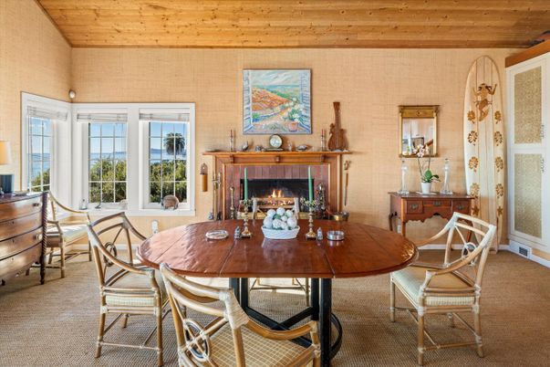 Dining room, Fireplace, Interior, Wooden Ceilings