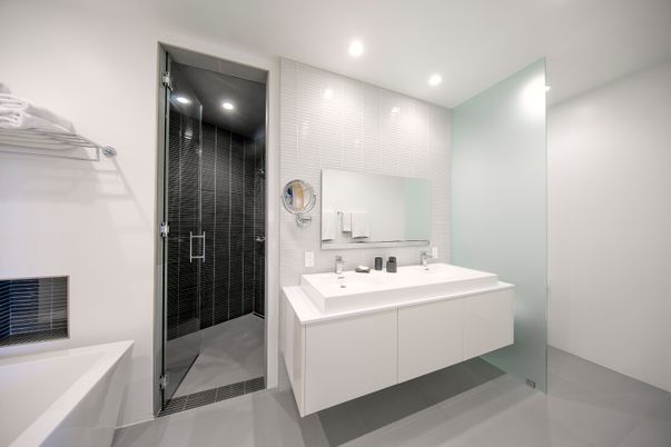Bathroom, Dual Sink Vanities, Glass Shower, Interior, Recessed Lighting