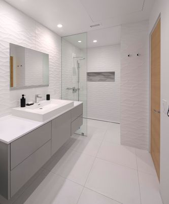 Bathroom, Dual Sink Vanities, Glass Shower, Interior, Recessed Lighting