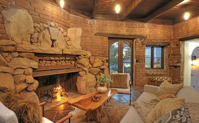 Fireplace, Interior, Living room, Stone Walls, Wooden Beams