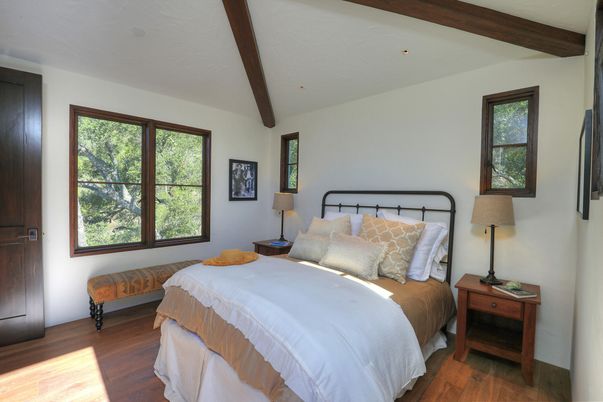 Bedroom, Interior, Recessed Lighting, Wooden Beams, Wood Texture Flooring
