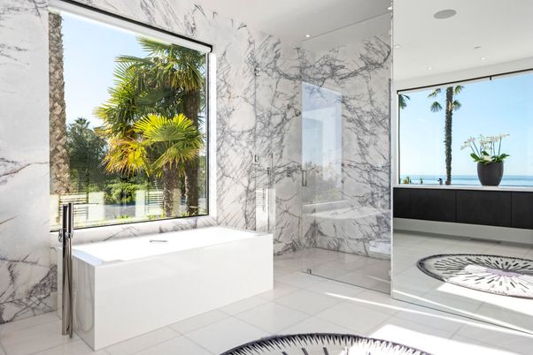 Bathroom, Interior, Marble Walls, Recessed Lighting