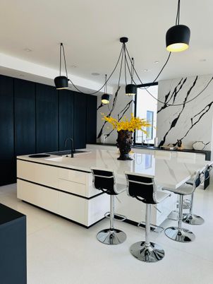 Interior, Kitchen, Marble Walls, Pendant Lights, Recessed Lighting