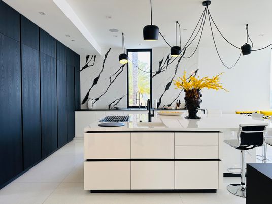 Interior, Kitchen, Marble Walls, Pendant Lights, Recessed Lighting