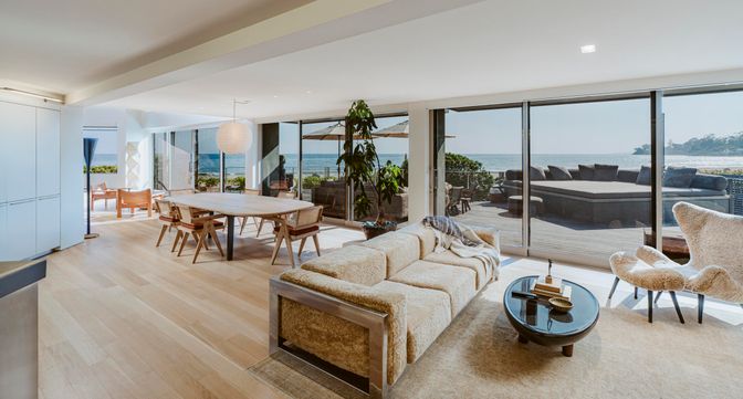 Dining room, Interior, Living room, Pendant Lights, Water, Wood Texture Flooring