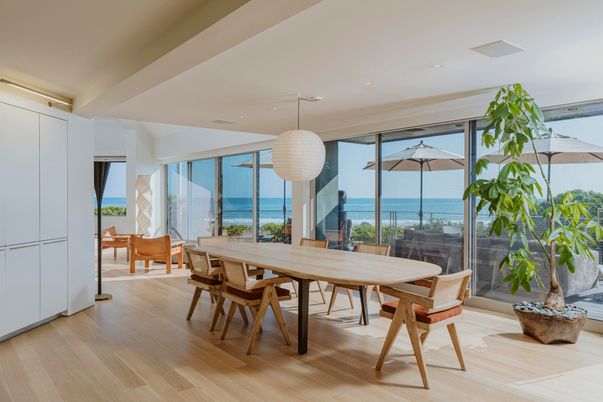 Dining room, Interior, Pendant Lights, Recessed Lighting, Water, Wood Texture Flooring