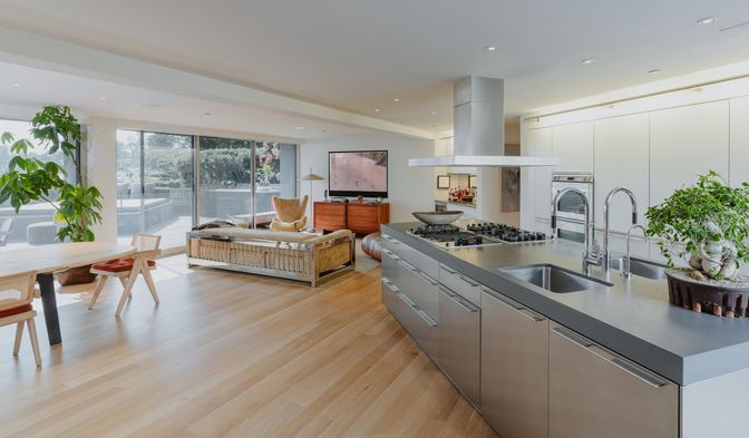 Dining room, Interior, Kitchen, Living room, Recessed Lighting, Wood Texture Flooring