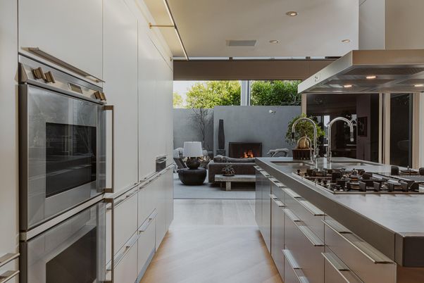 Fireplace, Interior, Kitchen, Living room, Recessed Lighting, Wood Texture Flooring