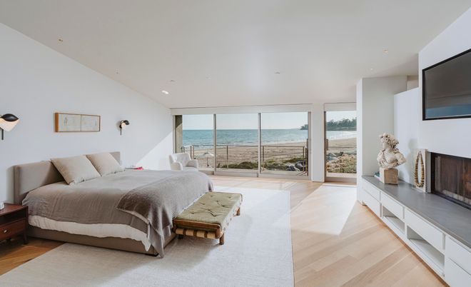 Bedroom, Fireplace, Interior, Recessed Lighting, Water, Wood Texture Flooring