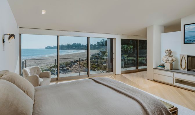 Bedroom, Fireplace, Interior, Water, Wood Texture Flooring