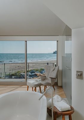 Bathroom, Free Standing Baths, Interior, Water, Wood Texture Flooring