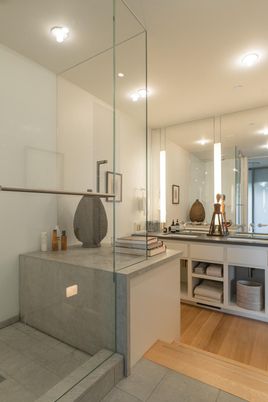 Bathroom, Glass Shower, Interior, Recessed Lighting, Wood Texture Flooring
