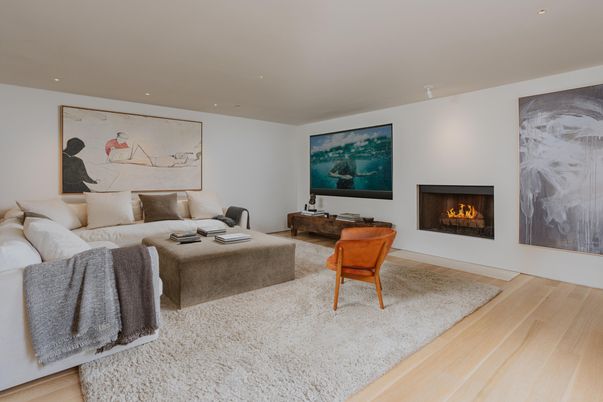 Fireplace, Interior, Living room, Recessed Lighting, Wood Texture Flooring