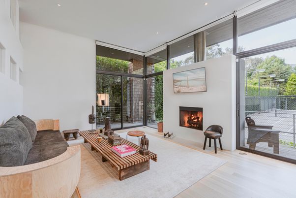 Fireplace, Interior, Living room, Recessed Lighting, Wood Texture Flooring