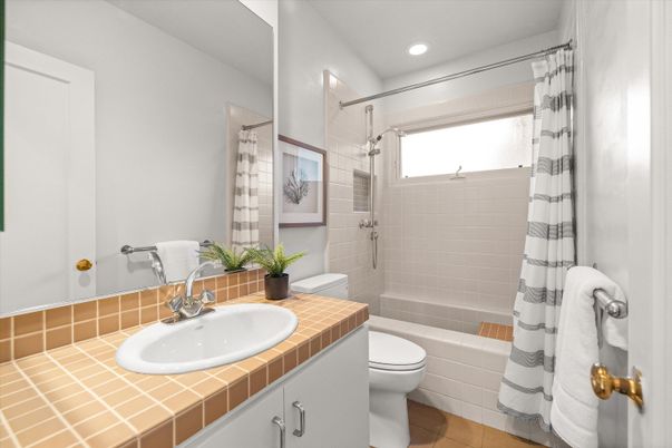 Bathroom, Glass Shower, Interior, Recessed Lighting, Tile Countertops