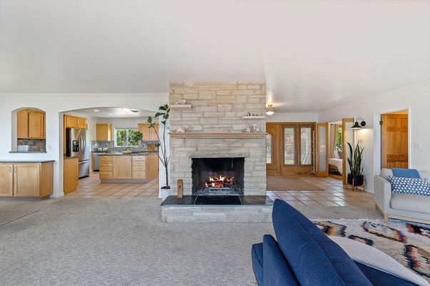 Fireplace, Interior, Kitchen, Living room, Stainless Steel Appliances, Stone Walls