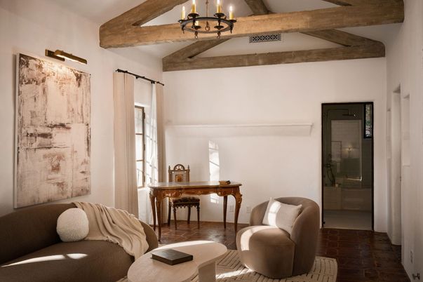 Chandelier, Home Office, Interior, Wooden Beams
