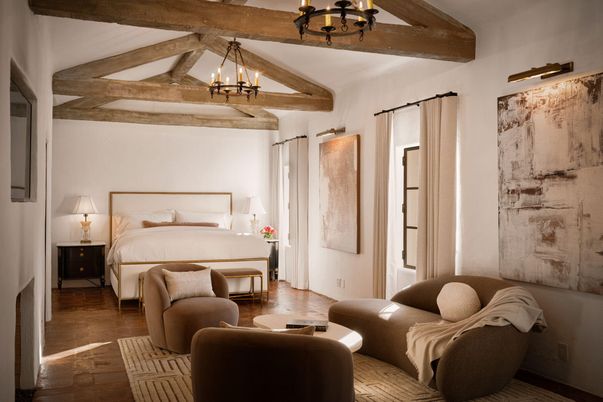 Bedroom, Chandelier, Interior, Wooden Beams, Wood Texture Flooring