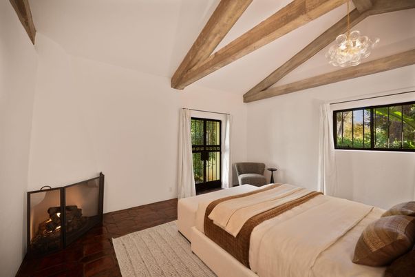 Bedroom, Interior, Pendant Lights, Wooden Beams, Wood Texture Flooring