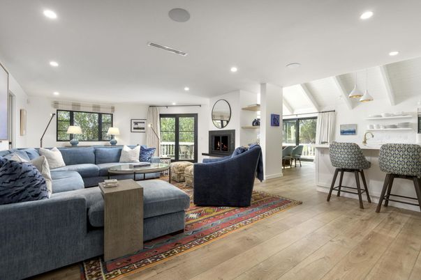 Dining room, Fireplace, Interior, Living room, Recessed Lighting, Wood Texture Flooring