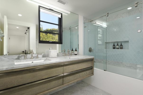 Bathroom, Dual Sink Vanities, Glass Shower, Interior, Marble, Recessed Lighting