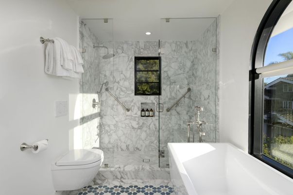 Bathroom, Glass Shower, Interior, Marble Walls, Recessed Lighting